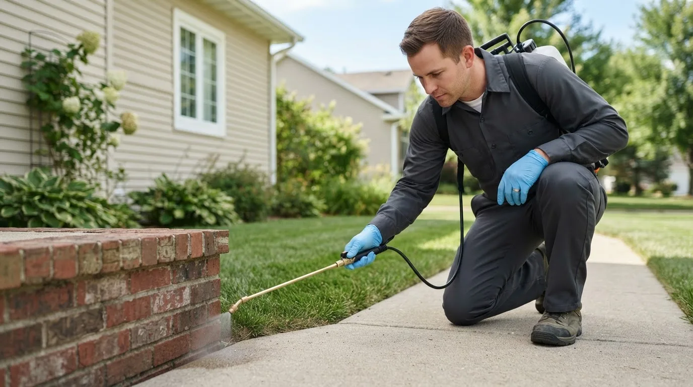 Pest control technician treating a home near Rubicon, WI
